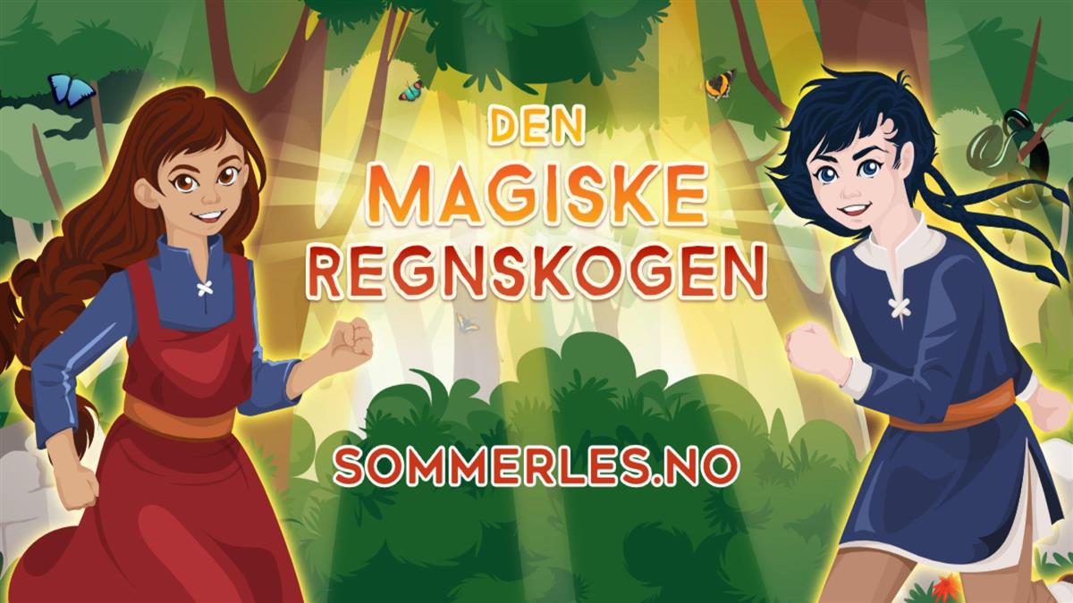 Poster med animerte sommerles-karakterer i regnskogen - Klikk for stort bilete