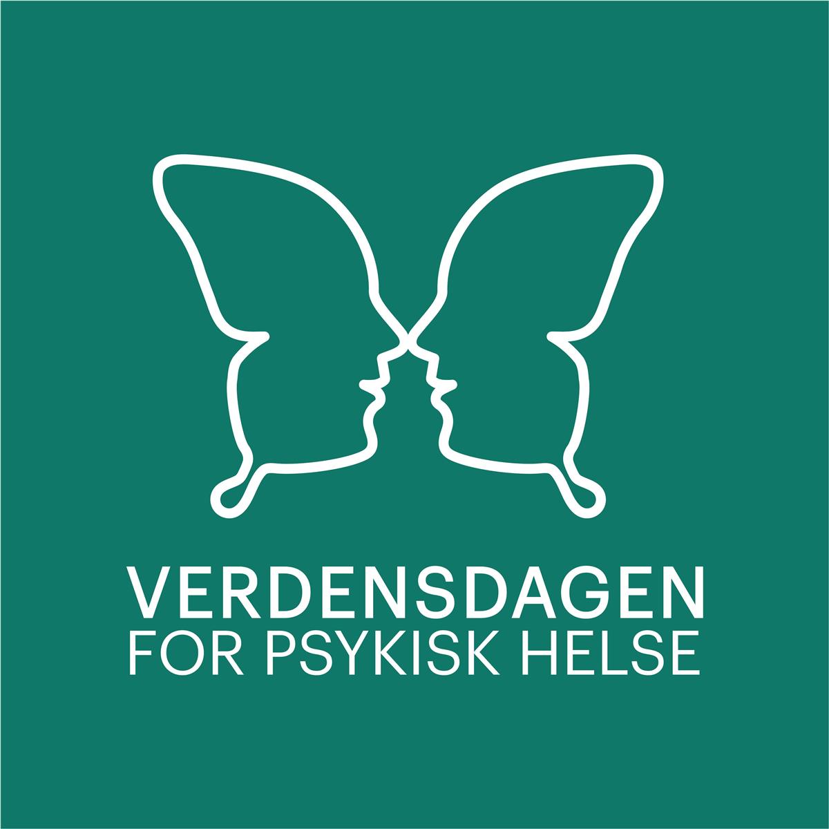 Logo for Verdensdagen for psykisk helse: en sommerfugl dannet av to mennesker i profil som står vendt mot hvernandre. Mørkegrønn balgrunn. - Klikk for stort bilete