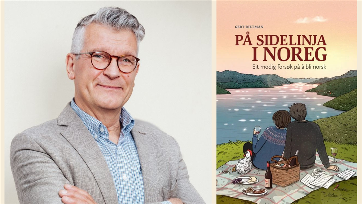Portrettfoto av Gert Rietman og forsiden på hans bok På sidelinja i Noreg
