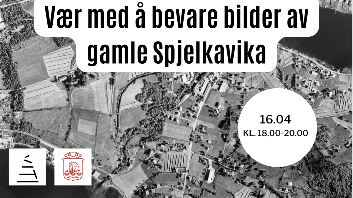 eldre svart/hvitt flylfoto av spjelkavik med logoen til ålesund kommune og viti i nedre venstre hjørne med teksten "vær med å bevare bilder av gamle Spjelkavika" mot hvit bakgrunn i toppen av bildet 
