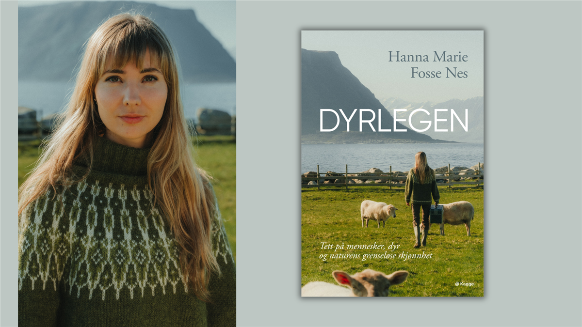 fotografi av dame i strikket ullgenser mot en bakgrunn av hav og fjell. ved siden av er forsiden på boken hun har skrevet, dyrlegen: tett på mennesker, dyr og naturens grenseløse skjønnhet