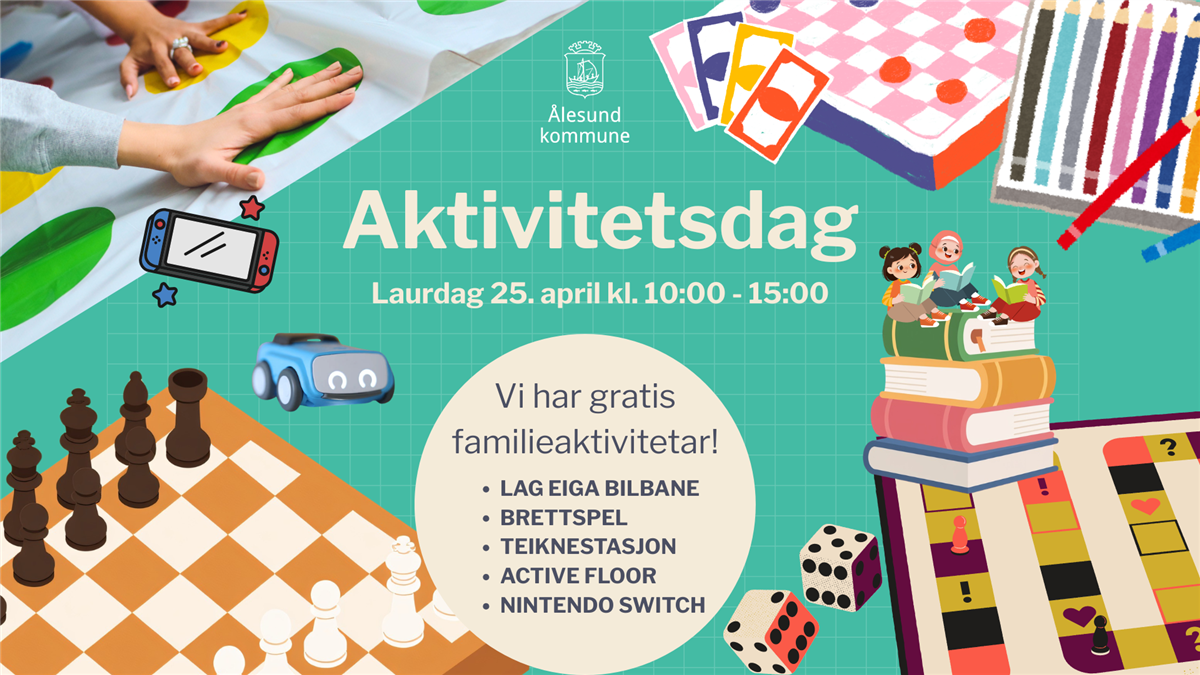 Aktivitetsdag Laurdag 25. april kl. 10:00 - 15:00. Vi har gratis familieaktivitetar! LAG EIGA BILBANE BRETTSPEL TEIKNESTASJON ACTIVE FLOOR NINTENDO SWITCH