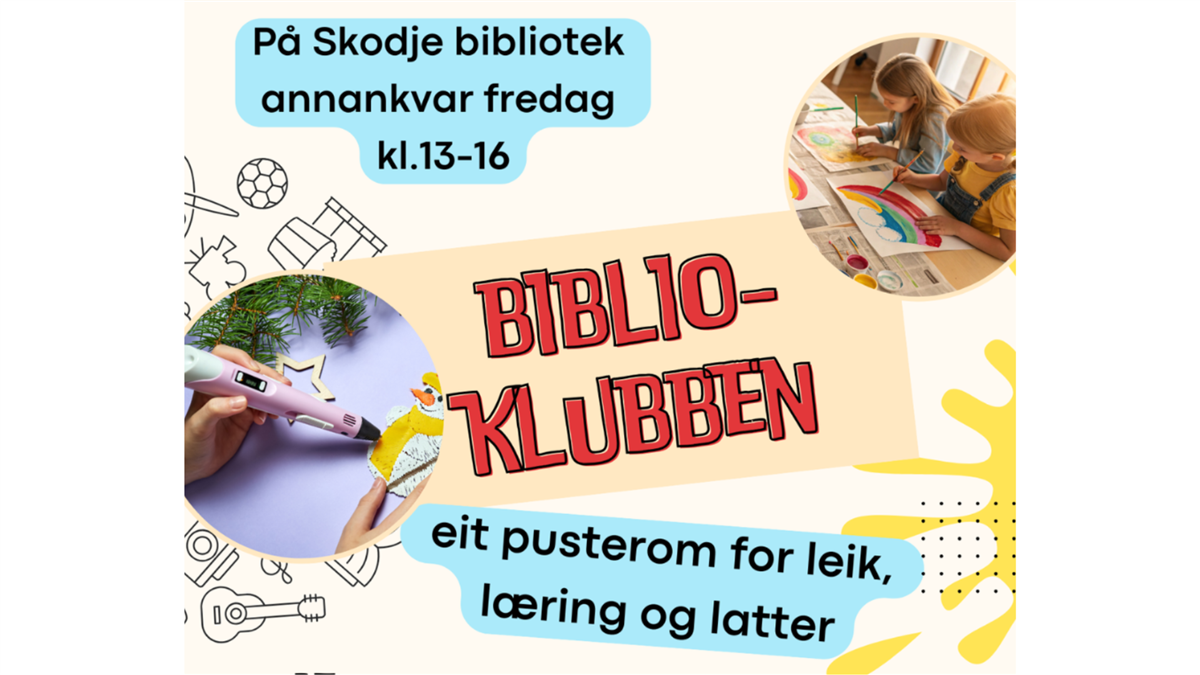 Biblioklubben, eit pusterom for leik, læring og latter. På Skodje bibliotek annankvar fredag kl. 13 - 16