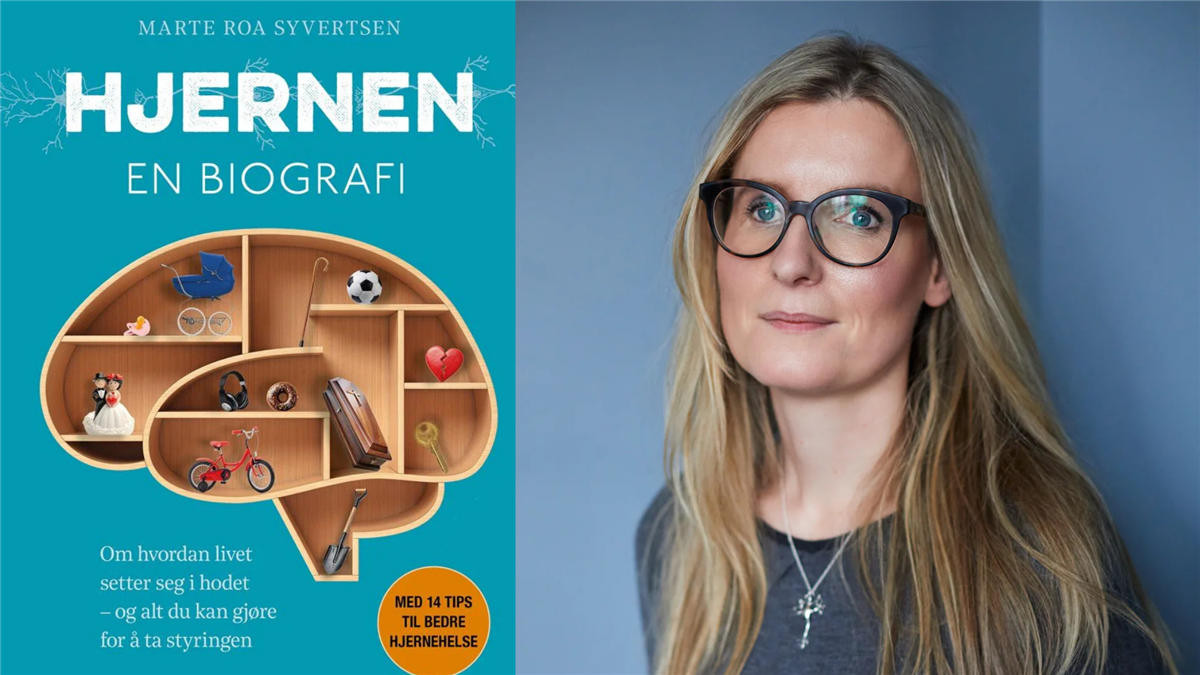 Bildet viser et bokomslag med tittelen «Hjernen – en biografi». Omslaget har en illustrert hjerne formet som en hylle med ulike gjenstander. Ved siden av vises et portrettfoto av forfatteren.