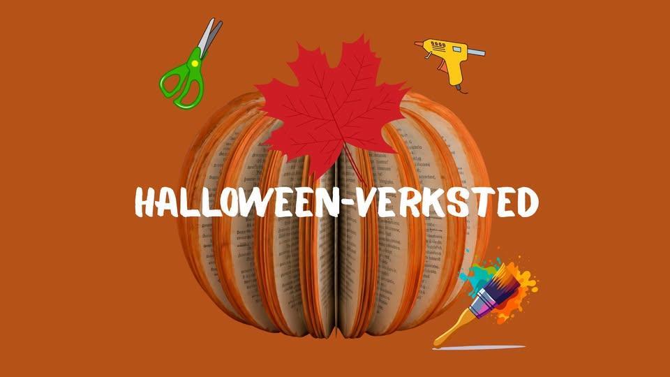 et gresskar lagd av en gammel bok, malt i oransje omringet av en limpistol saks og maling, halloween-verksted