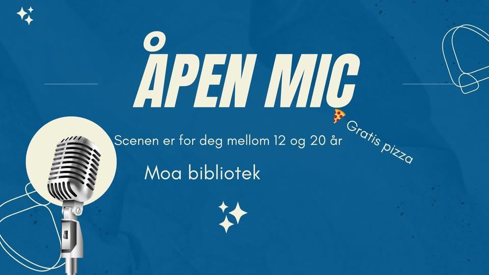 illustrasjon av en mikrofon mot en blå bakgrunn med teksten åpen mic, scenen er for deg mellom 12 og 20 år