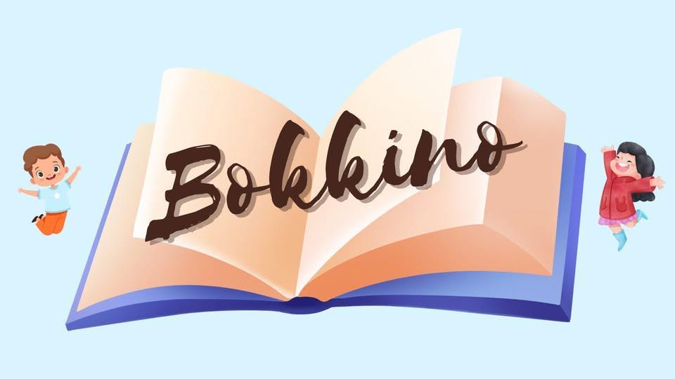 illustrasjon av en åpen bok med en illustrasjon av en gutt på venstre side og en jente på høyre side av boken som begge hopper av glede