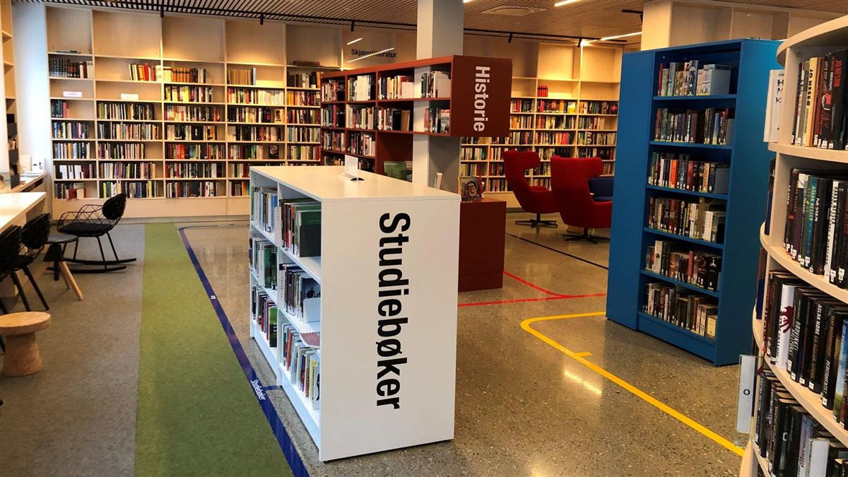 Mange bokhyller i ulike fargar, arbeidsbord og stolar. Foto. - Klikk for stort bilete