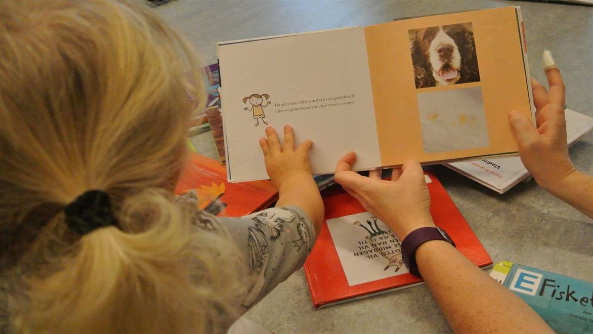 Små barn som leser bildebok - Klikk for stort bilete